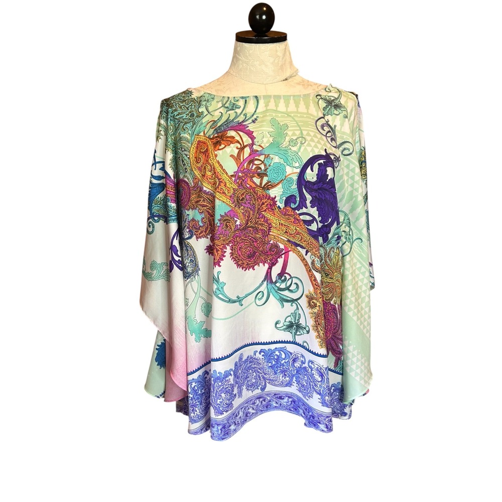 Chicos Multi Color Paisley Kaftan Poncho Top Boat Neck Size S/M Satin